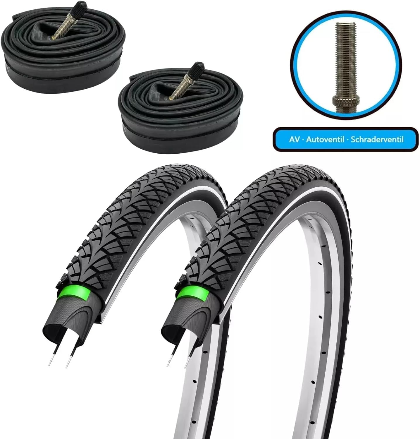 2er Set Fahrradreifen 28x1,75 Zoll 47-622 700x45c 3mm Pannenschutz mit Reflexstreifen - wählbar mit Schläuchen Autoventil Fahrradventil französisches Ventil – Trekkingreifen Citybike