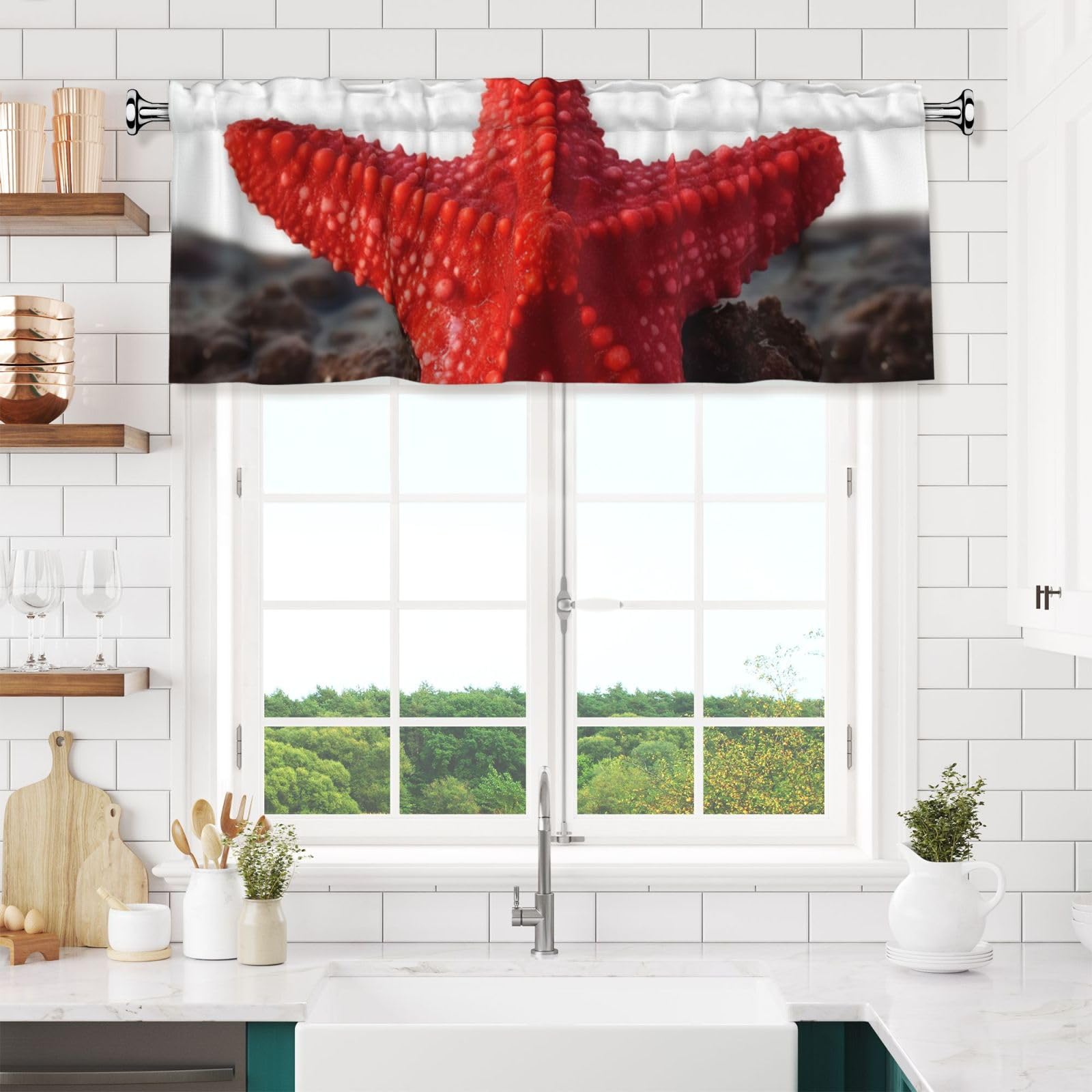 NONHAI Red Starfish Valances for Windows Short Curtains Rod Pocket Cafe Window Treatments Valance Curtains for Kitchen Bathroom Laundry Basement Windows 54x18inch Blackout Window Valance
