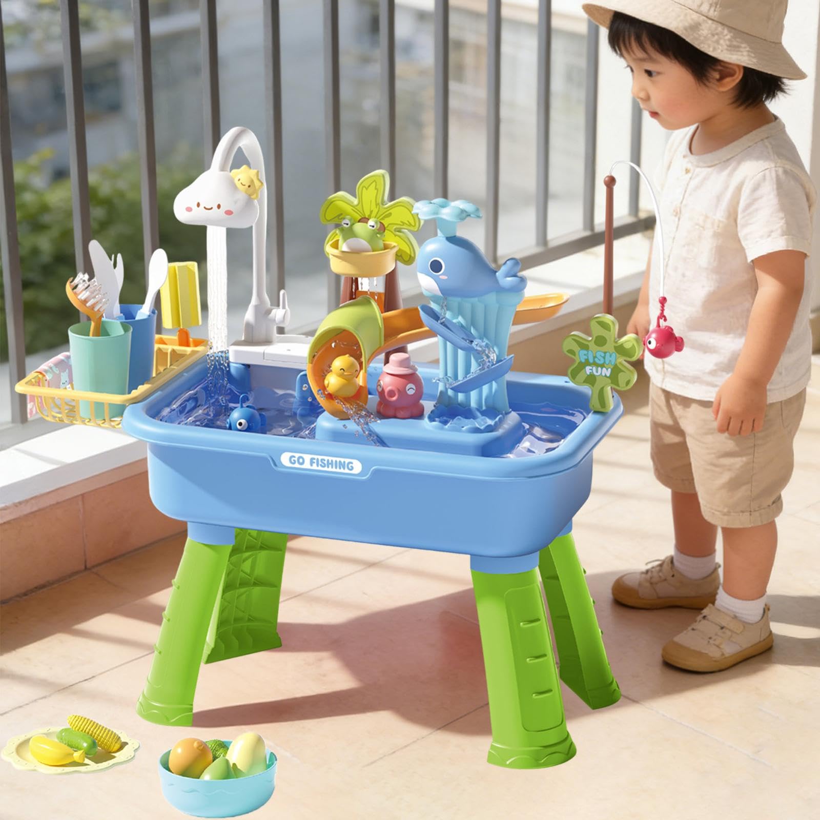 43 Pezzi di Giocattoli da Cucina, Set di Giochi di Ruolo, lavastoviglie, Accessori per Cucinare, Pesca, Set interattivo per Giocare a Fare Finta, Blu