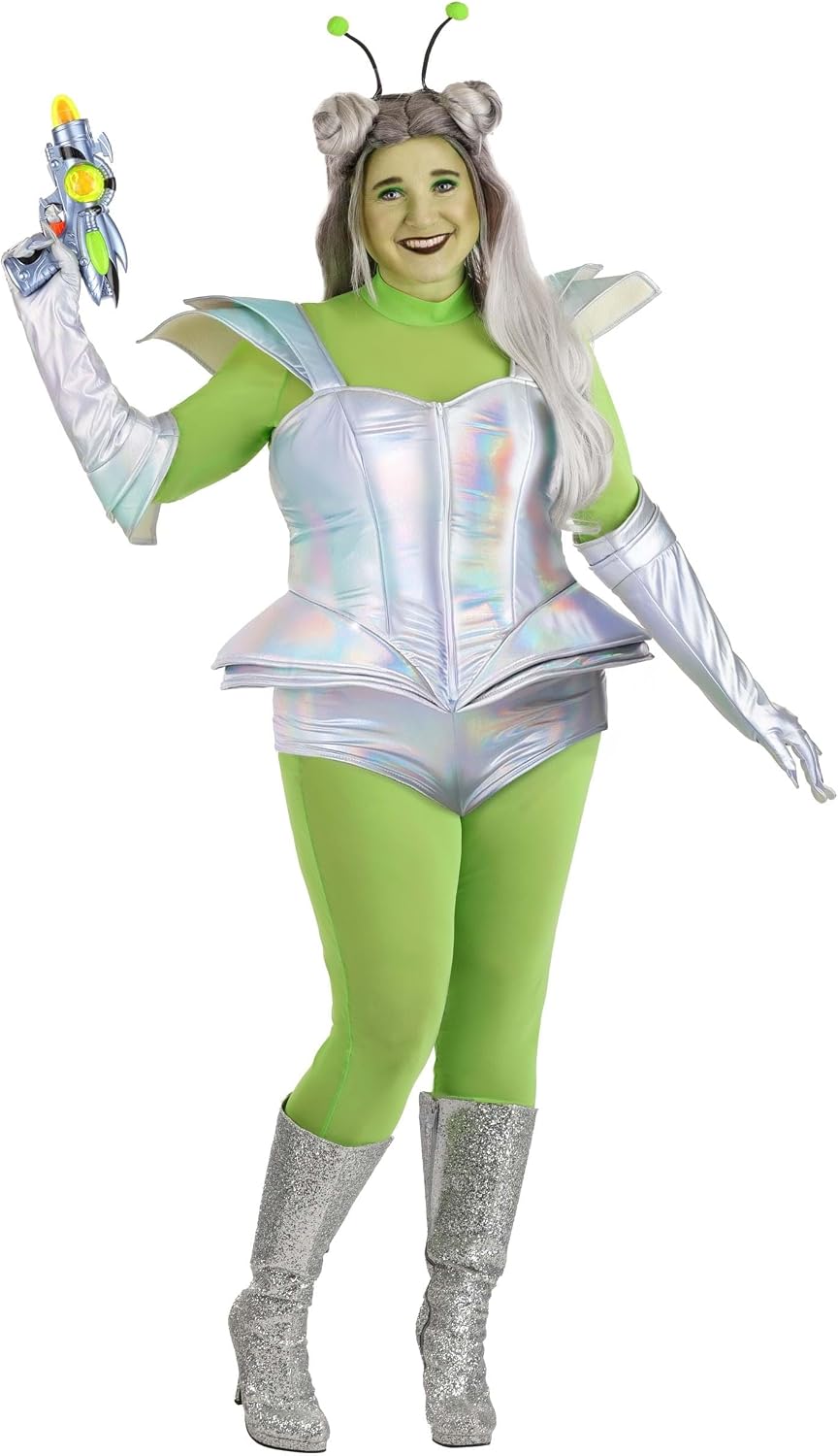 Plus Size Galactic Alien Babe Costume for Women with Mesh Shirt, Leggings, Armor, Vest, Shorts, Gloves, and Antennas