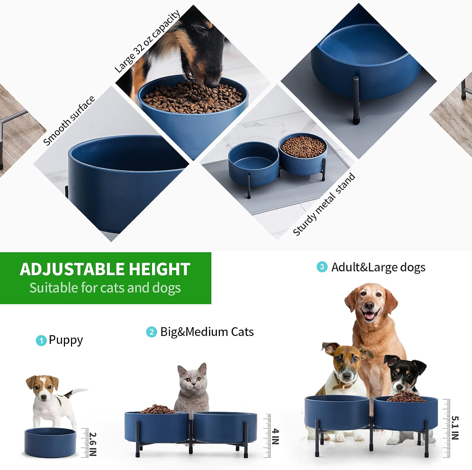 6 Inch Ceramic Cat Dog Bowl Dish Sets with Metal Stand and Silicone Mat for Food and Water - 32 Ounces Pet Food Water Feeder Cats Small Dogs - Navy - Set of 2