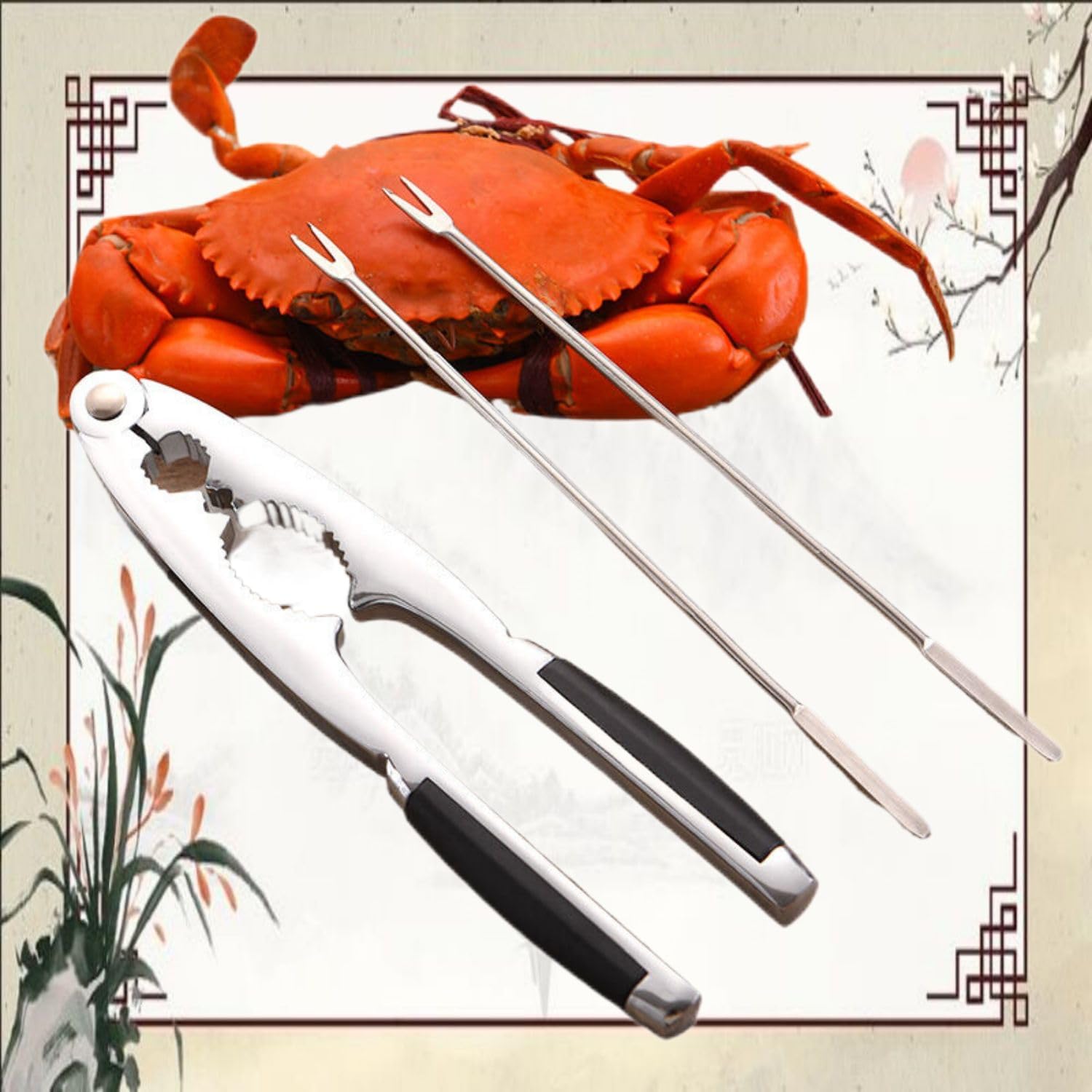 带收纳袋 吃蟹工具三件套不锈钢蟹八件蟹钳蟹夹蟹吃大闸蟹螃蟹 Seafood Tools Set includes Household Cleaning，Kitchen Storage Essentials