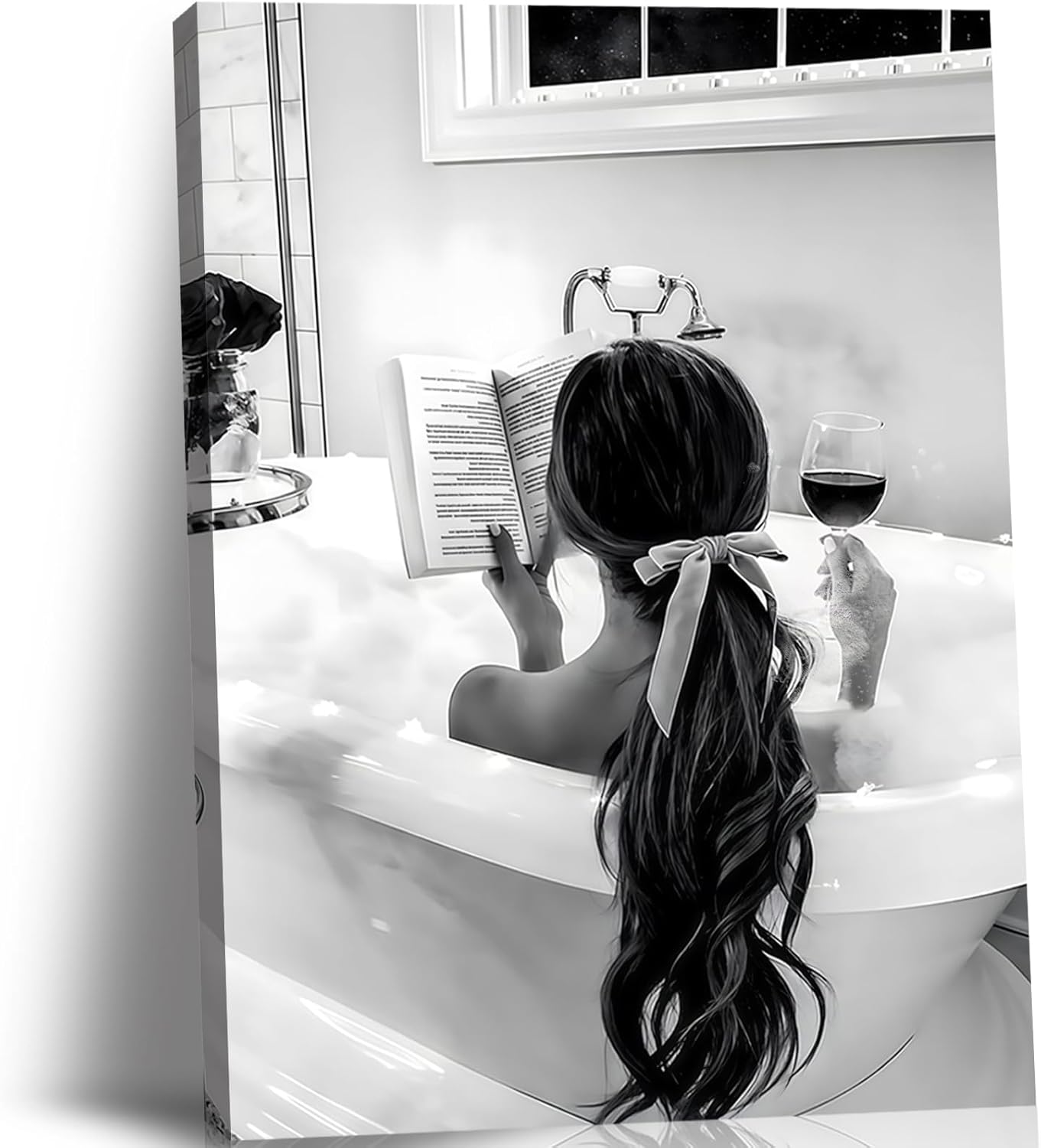 Framed 2pcs Black and White Trendy Bathroom Wall Art Girl in Bathtub Poster Aesthetic Picture Canvas Prints for Fashion Girl Bathroom Décor Minimalist Painting 12x16Inch