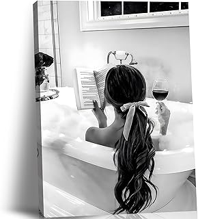 Framed 2pcs Black and White Trendy Bathroom Wall Art Girl in Bathtub Pos...