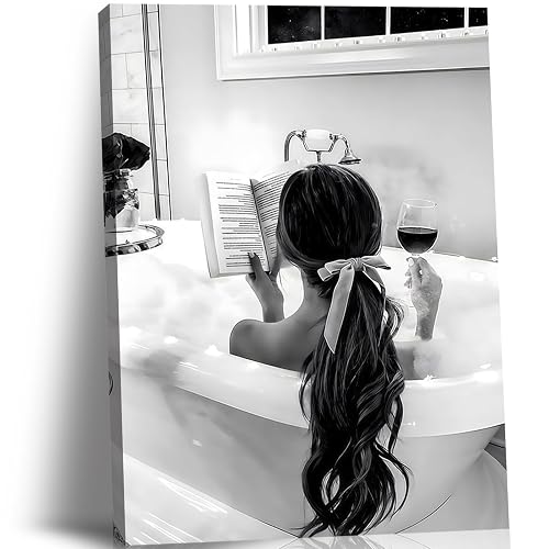 Framed 2pcs Black and White Trendy Bathroom Wall Art Girl