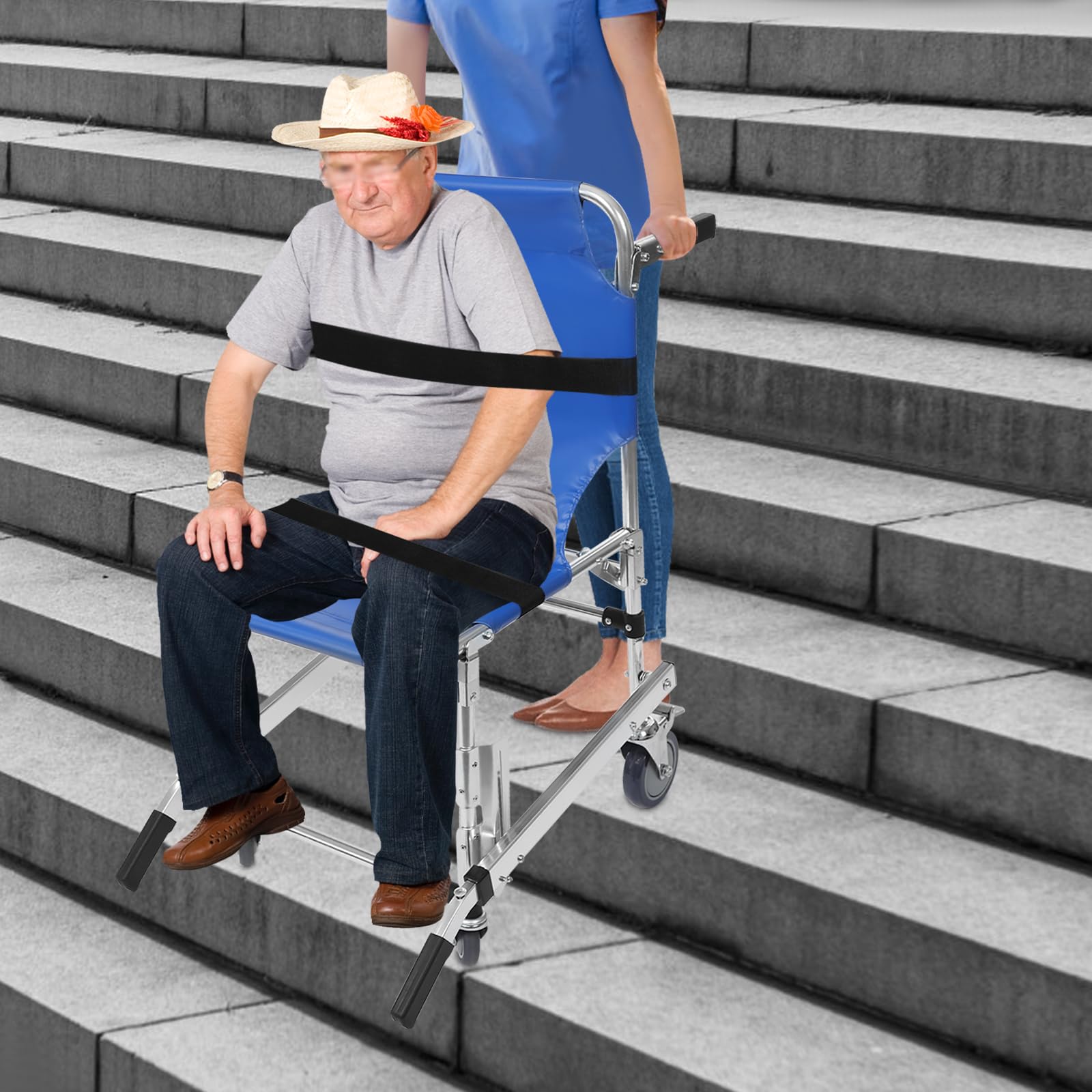 Krzesło schodowe dla seniorów, składane, ze stopu aluminium, z uchwytami, pasy bezpieczeństwa, podnóżek, krzesło ewakuacyjne do wózka ratunkowego, strażaka, do 160 kg
