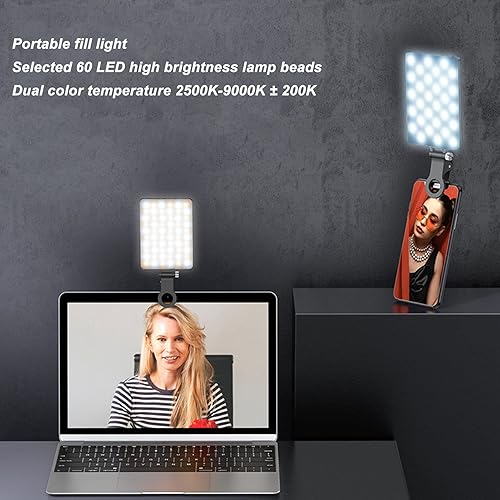 Miniatura 2 de Luz de video recargable de 60 LED, luz LED portátil de 2000 mAh, luz para selfie con modo de luz de 25 velocidades, para selfie, videoconferencia,