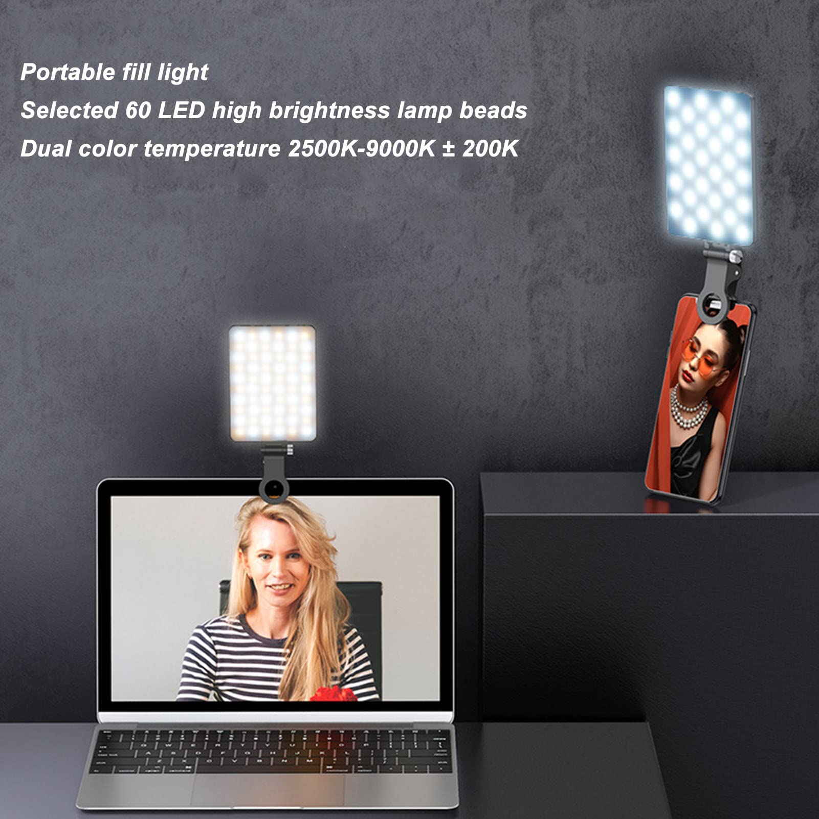 Portable LED Camera Light, Dual Color Temperature Cold Warm Light, Clip on, 60 LED, 2000mAh Rechargeable, for PhoneTabletLaptop