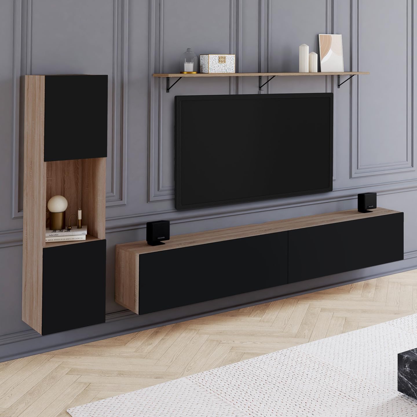IDMarket - Mueble de TV de 180 cm con columna y estante ELIO en madera y negro