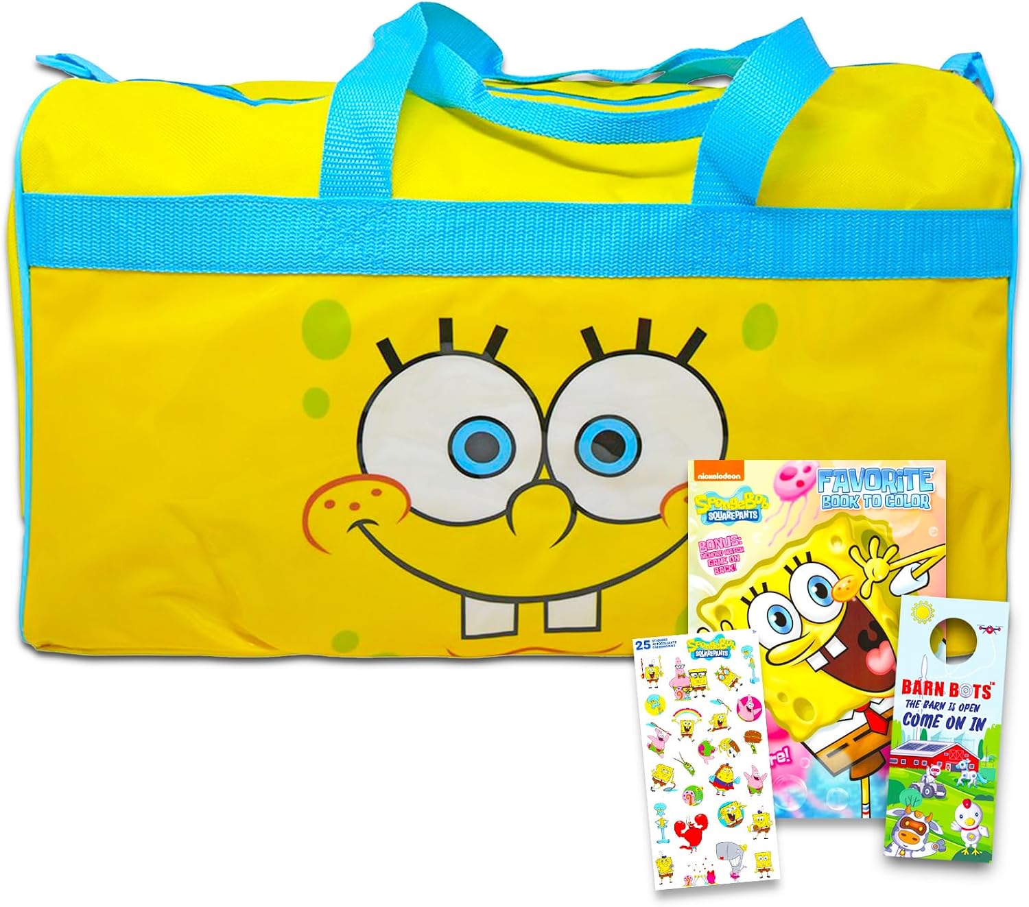 Spongebob Duffle Bag Set For Kids - 4 Pc Bundle With Spongebob Luggage Carry On Suitcase Bag, Spongebob Coloring Book, Stickers, and More (Spongebob Travel Activity Set)