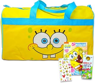Spongebob Duffle Bag Set For Kids - 4 Pc Bundle With Spongebob Luggage Carry On Suitcase Bag, Spongebob Coloring Book, Stickers, and More (Spongebob Travel Activity Set)