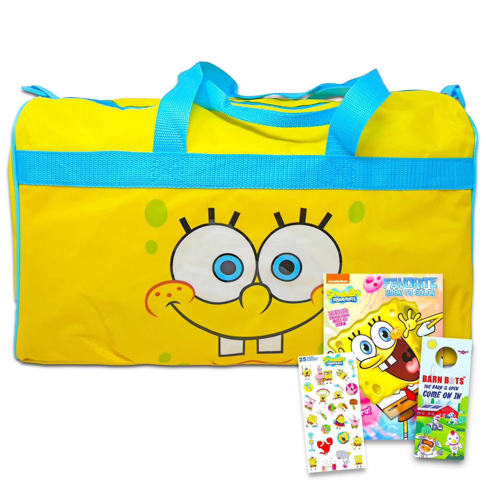 Spongebob Duffle Bag Set For Kids - 4 Pc Bundle With Spongebob Luggage Carry On Suitcase Bag, Spongebob Coloring Book, Stickers, and More (Spongebob