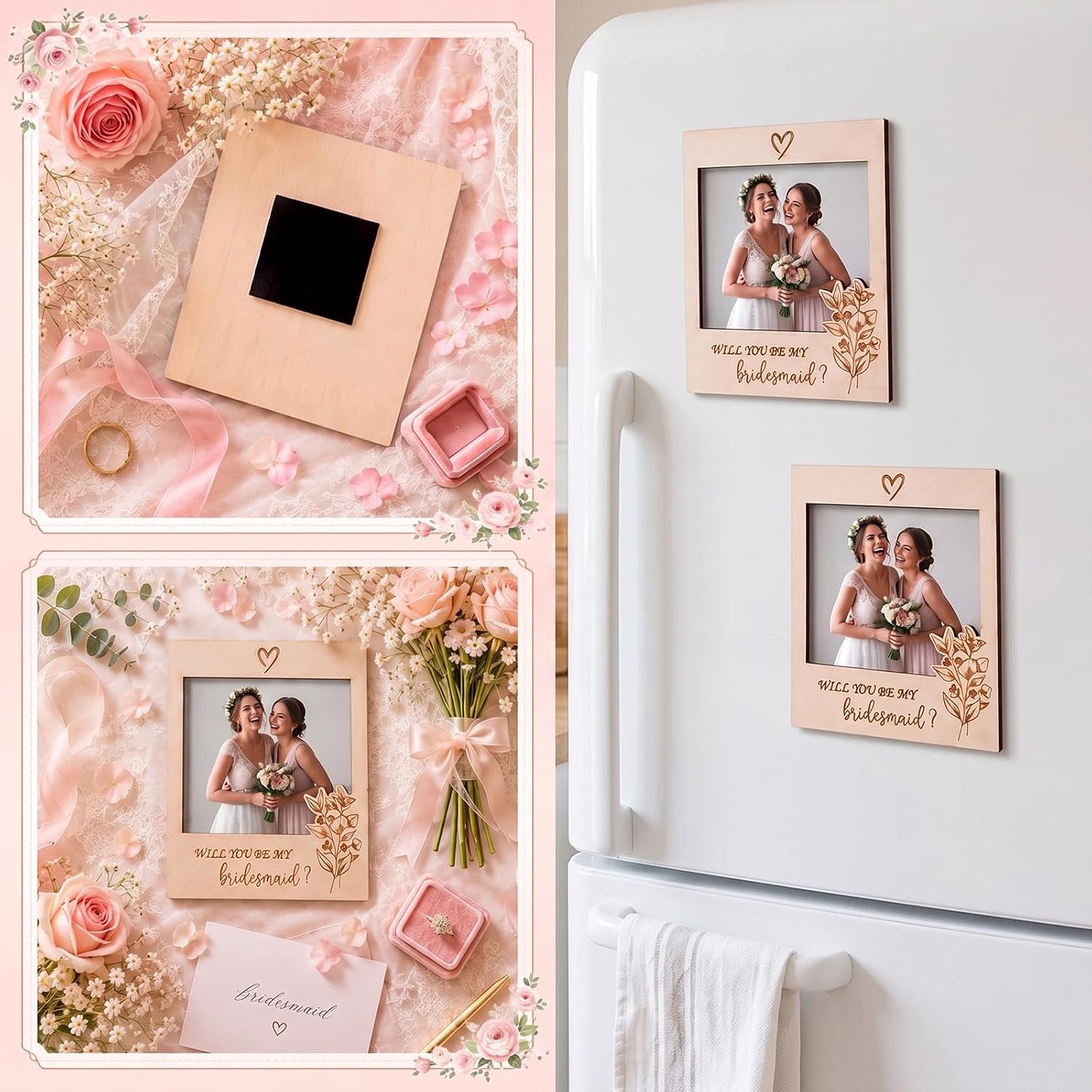 Wonderjune 6 Pack Will You Be My Bridesmaid Gift Magnetic Picture Frame for 3.5" x 3.5" Photo Wood Maid of Honor Bridesmaid Proposal Gift for Women Wedding Bridal Shower Bachelorette Party