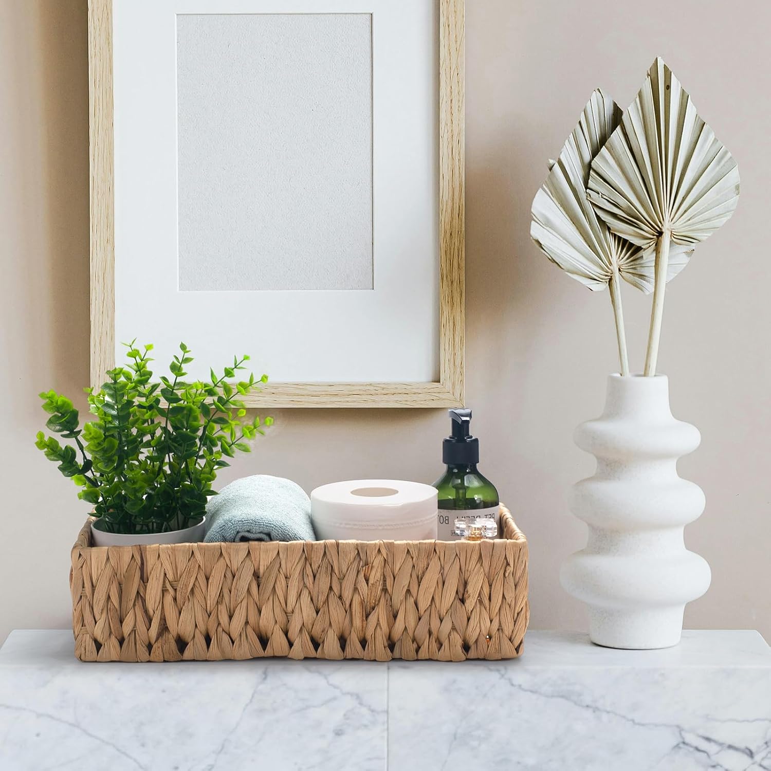 Wicker Toilet Tank Basket, Toilet Paper Basket for Back of Toilet Tank Top, Woven Water Hyacinth Bathroom Storage Basket for Organizing and Decor (14.2 x 6.5 x 3.7 inch)