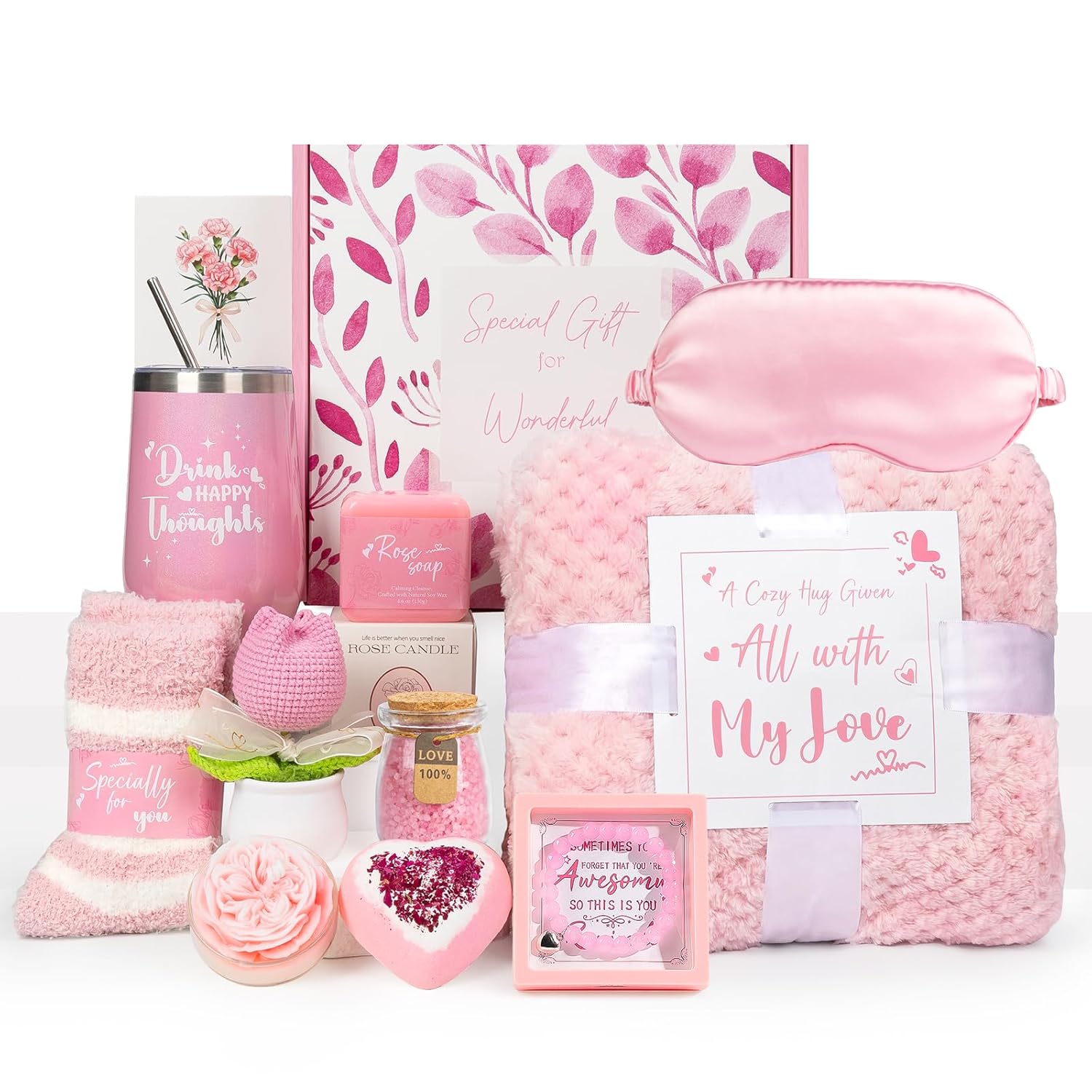 Luxury Mother's Day Gift Set for Women, Rose-Scented Self Care Spa Relaxation Basket Set for Mom, Grandma, Wife, Perfect Gift Set for Women & Thoughtful Mom Gift from Daughter, Son, Family