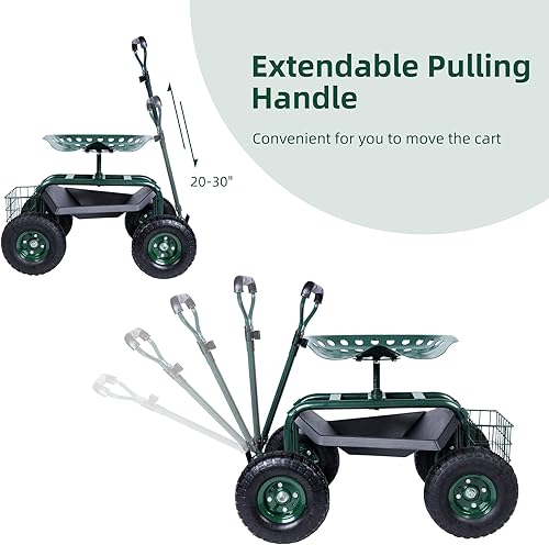 Miniatura 6 de Endynino Taburete de jardín con ruedas y mango de dirección extensible asiento de trabajo de jardinería resistente con bandeja de herramientas y