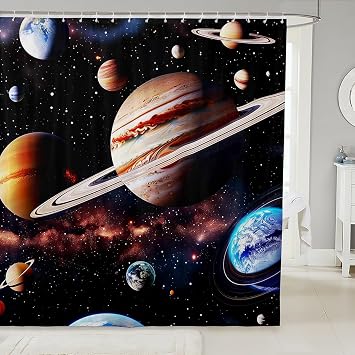 Dreamy Universe Shower Curtain Waterproof Polyester Fabric Colorful Planet Bath Curtain Glitter Starry Galaxy Sky Bathroom Decor Outer Space Hanging Curtain with Hooks 72 x 72 Inch