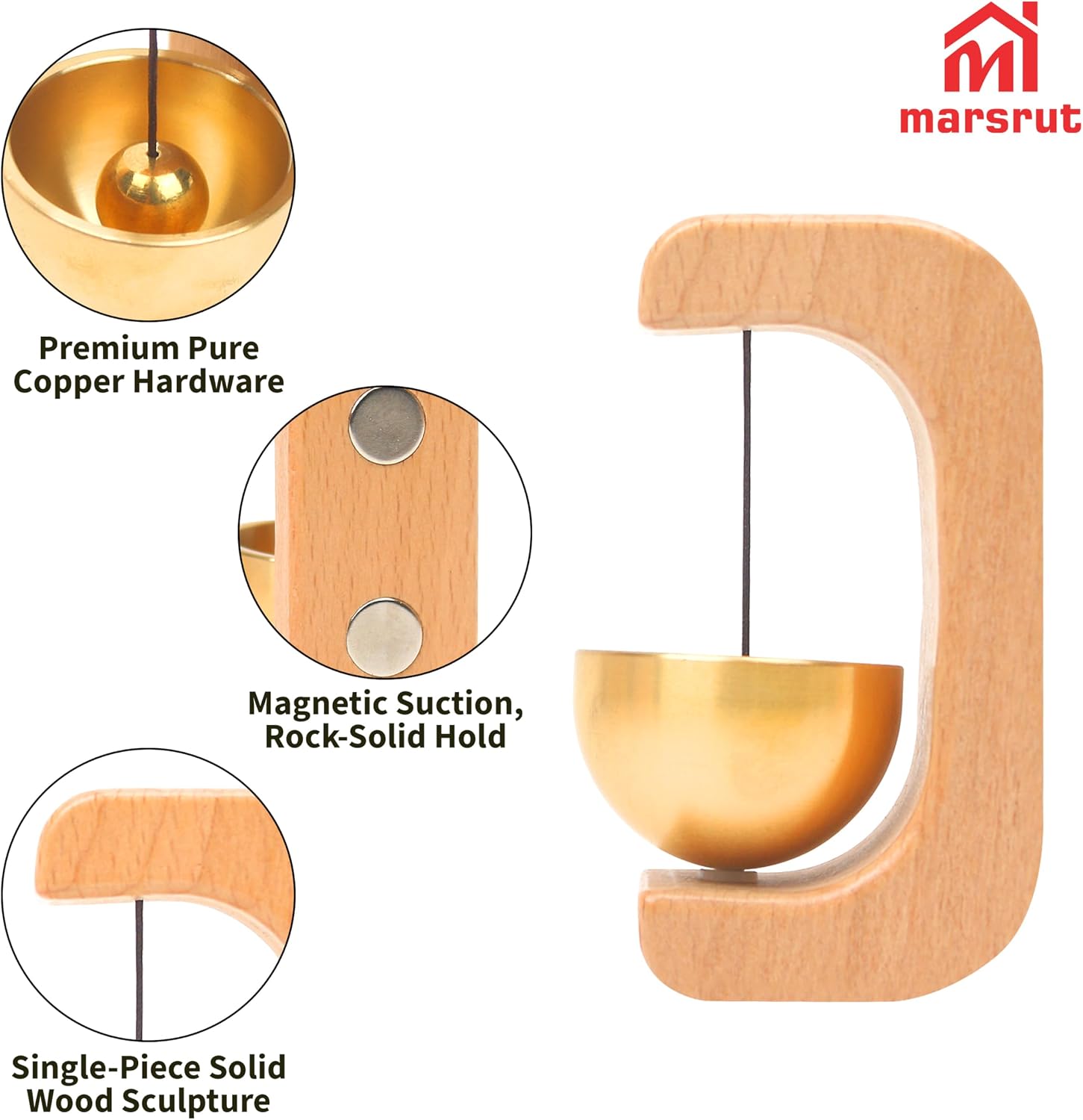 2Pcs Door Chime Bell, Magnetic Shopkeepers Bell for Door Opening, Wireless Adhesive Beech Wood & Brass Door Chime for Home, Store, Office, Front Door, Refrigerator, Cabinet, Shop, Furniture