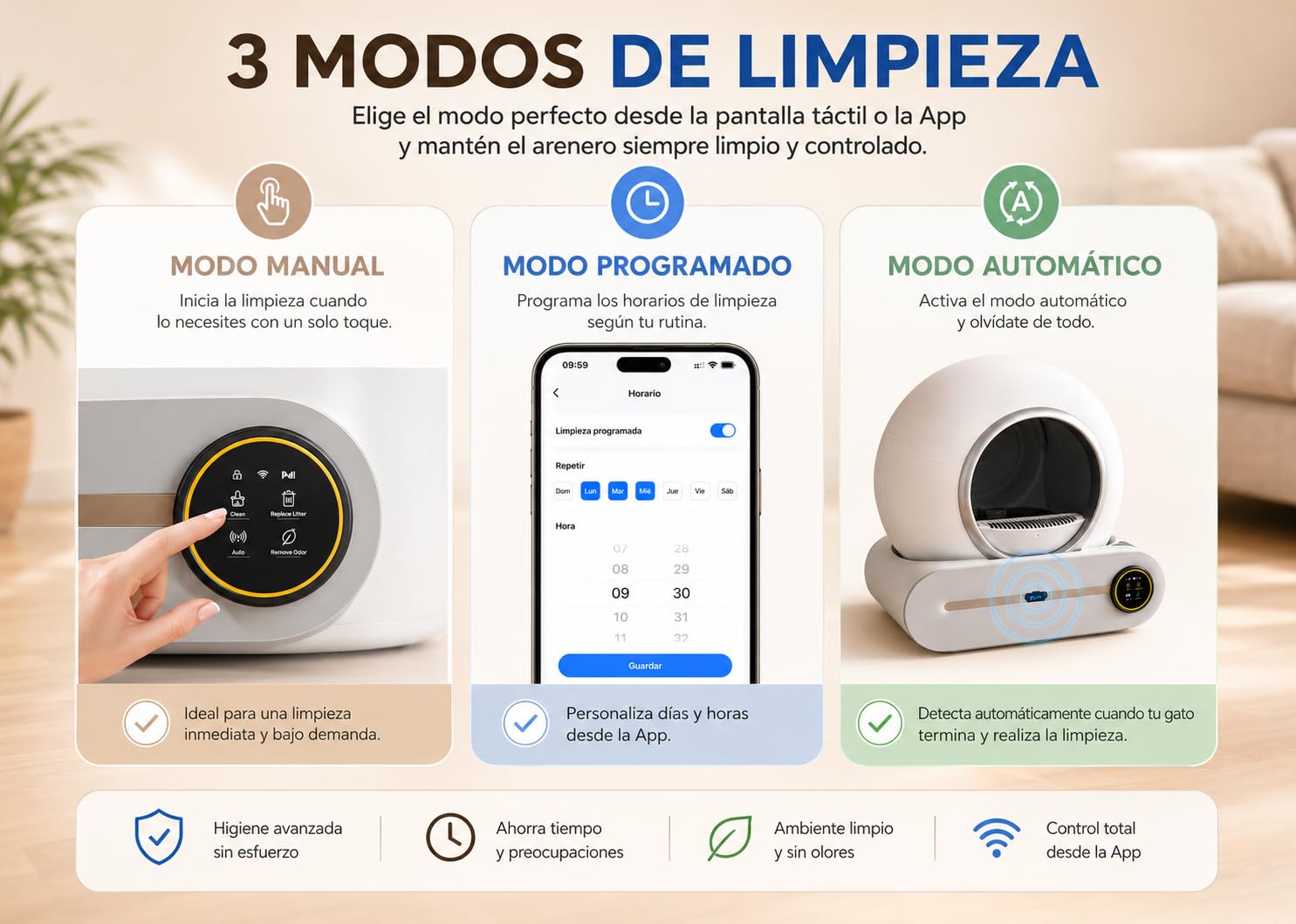 Arenero Autolimpiable para Gatos con App, Caja de Arena Automática 65L, Control de Olores, Monitor de Salud y Peso, Ultra Silencioso, Incluye Repuesto Base DE Arena Y Bolsas| Versión 2026