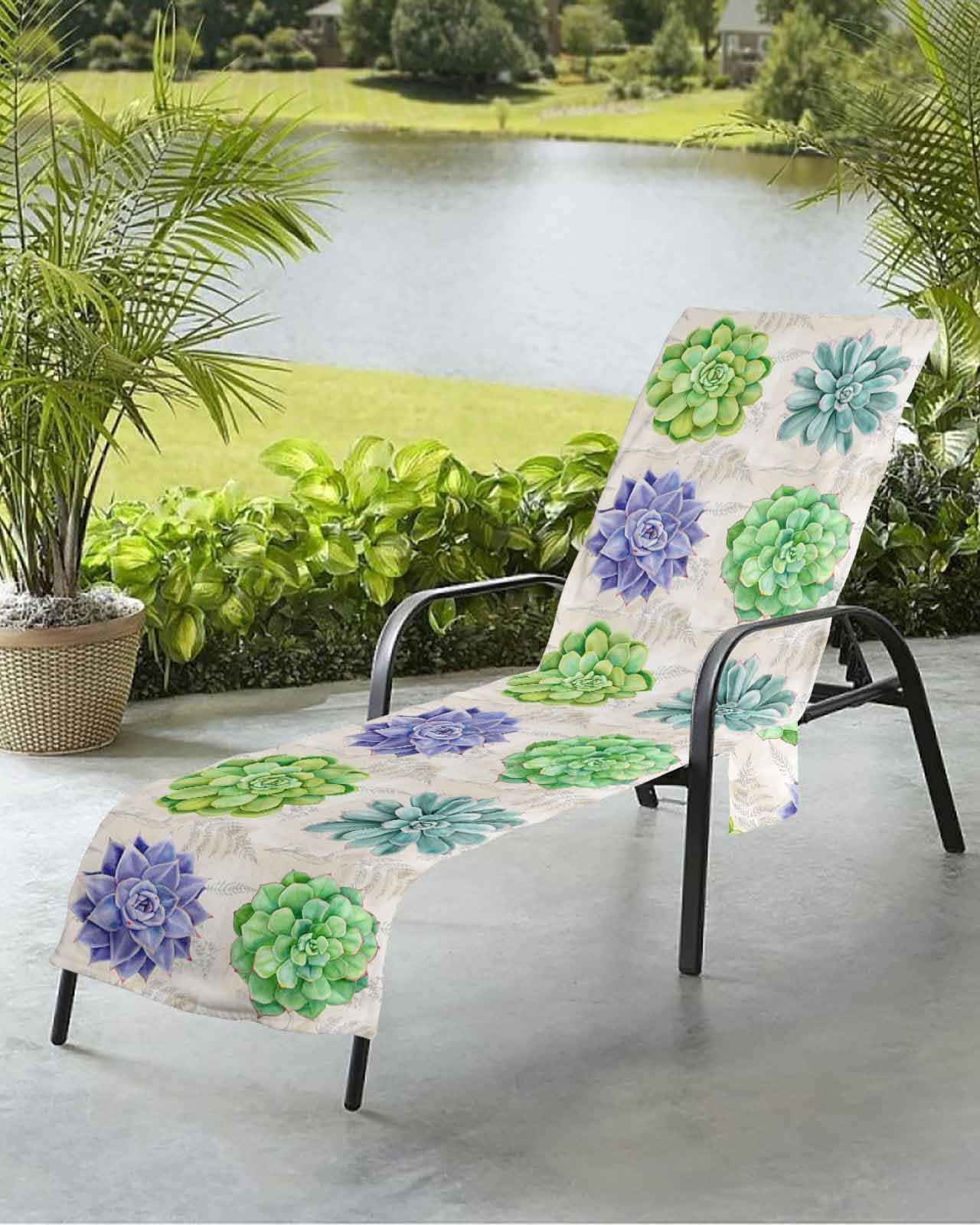 Succulent Beach Chair Towel Covers for Chaise Lounge with Side Pocket, Soft Plush Pool Towels Cover for Patio Sunbathing Outdoor Tropical Summer Retro Spring Botanical Herb 29''x85''