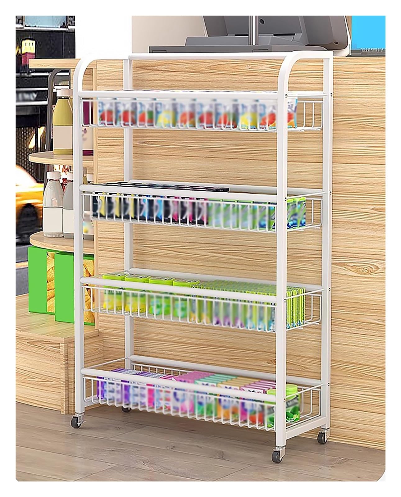 Estante para bocadillos de tienda de conveniencia con ruedas y diseño de metal