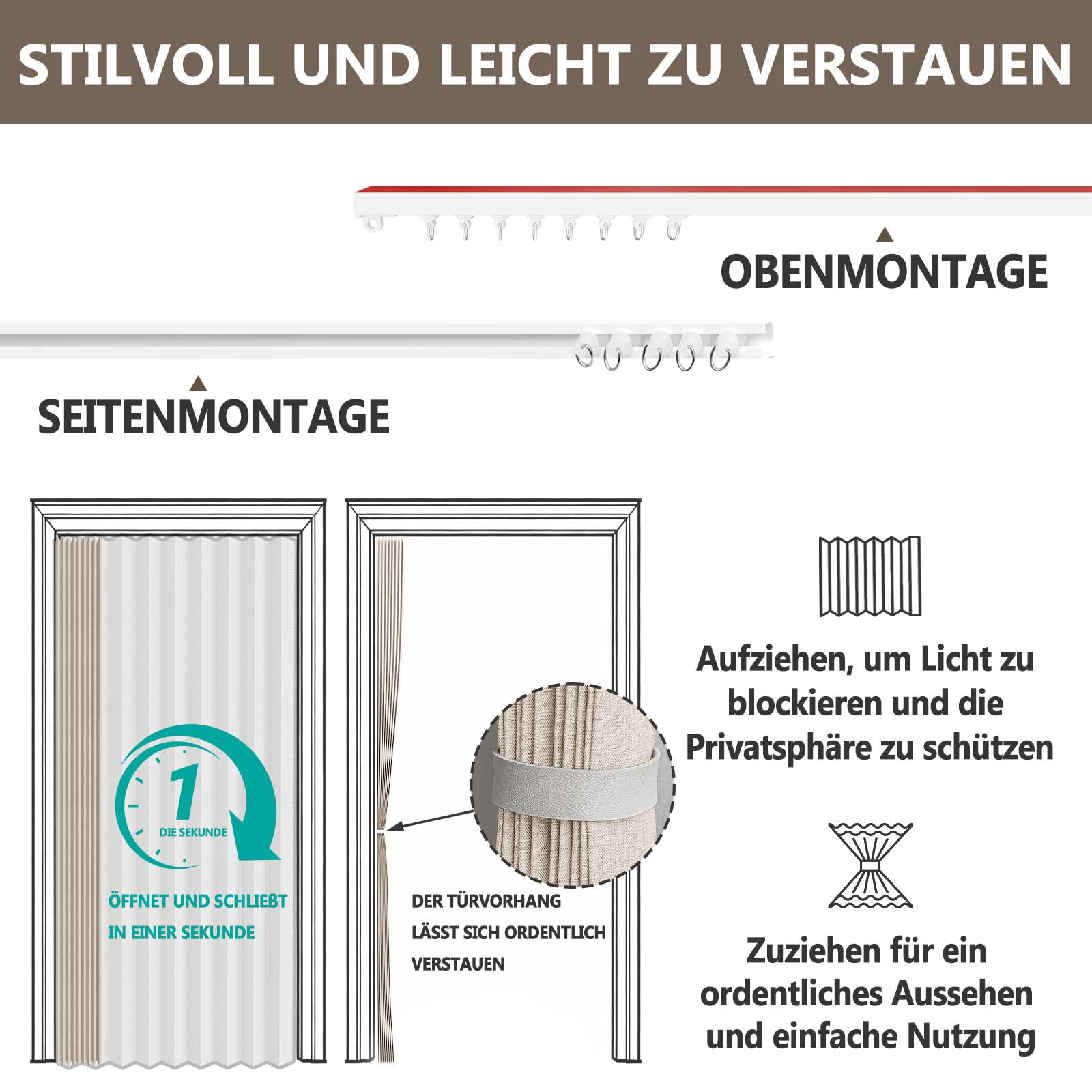 Jilron 100% Occultant pour Porte – Rideau Pliable Style Accordéon avec Fermeture Magnétique, Installation Adhésive sans Perçage, incl. Barre Adhésive, Occlusion & Protection Contre le Vent, Crème
