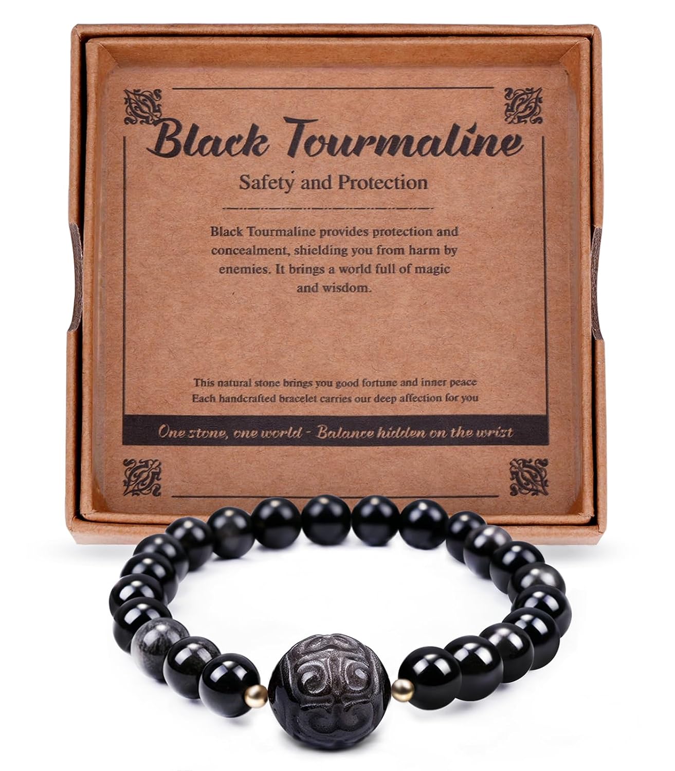 ROYONE Black Cat Bracelet for Women - Anxiety Relief & Good Luck Stretch Bracelet, Obsidian Beaded Jewelry Gift（the earth ）
