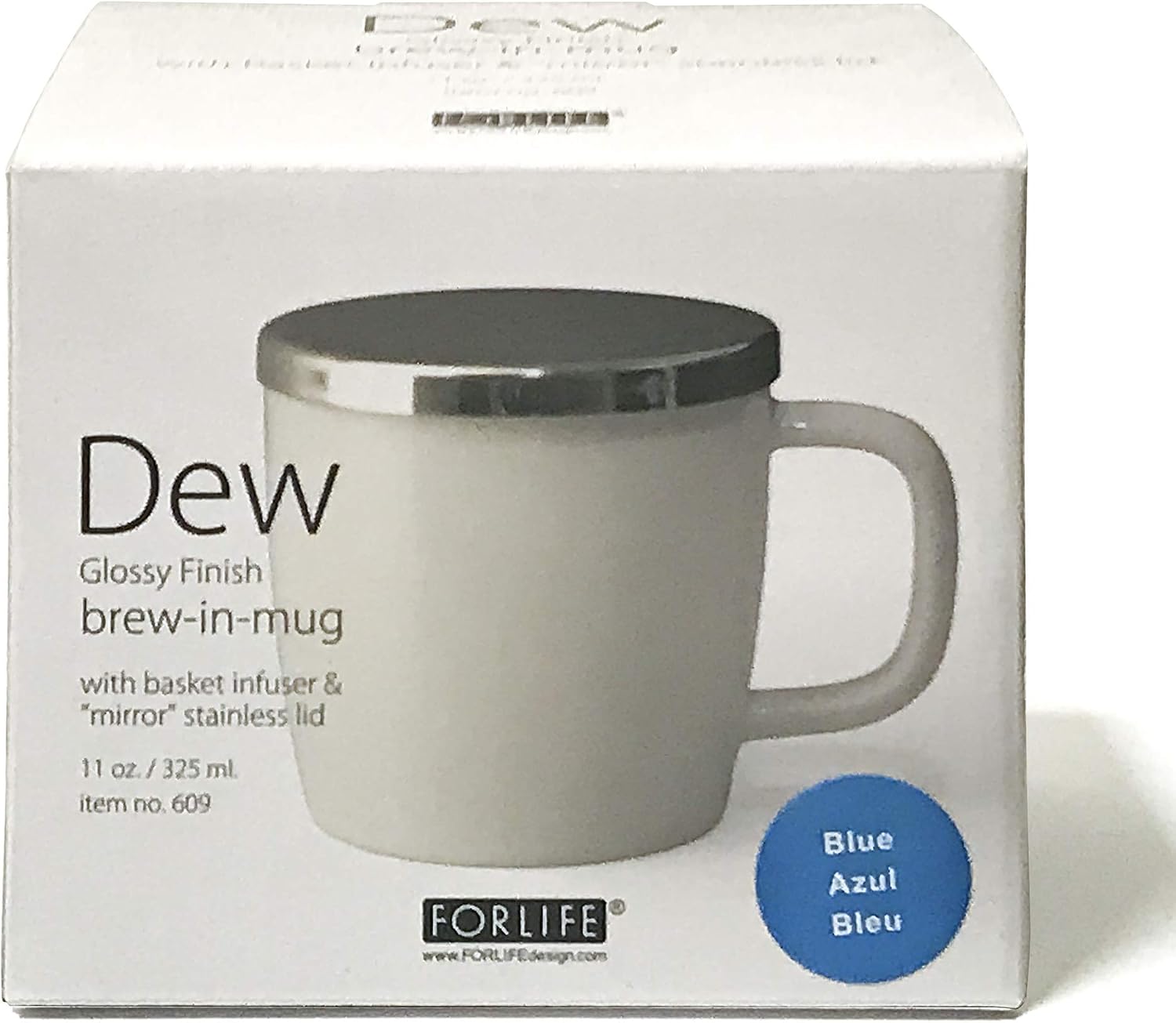 FORLIFE Dew Glossy Finish Brew-In-Mug with Basket Infuser &"Mirror" Stainless Lid 11 oz. (Blue)