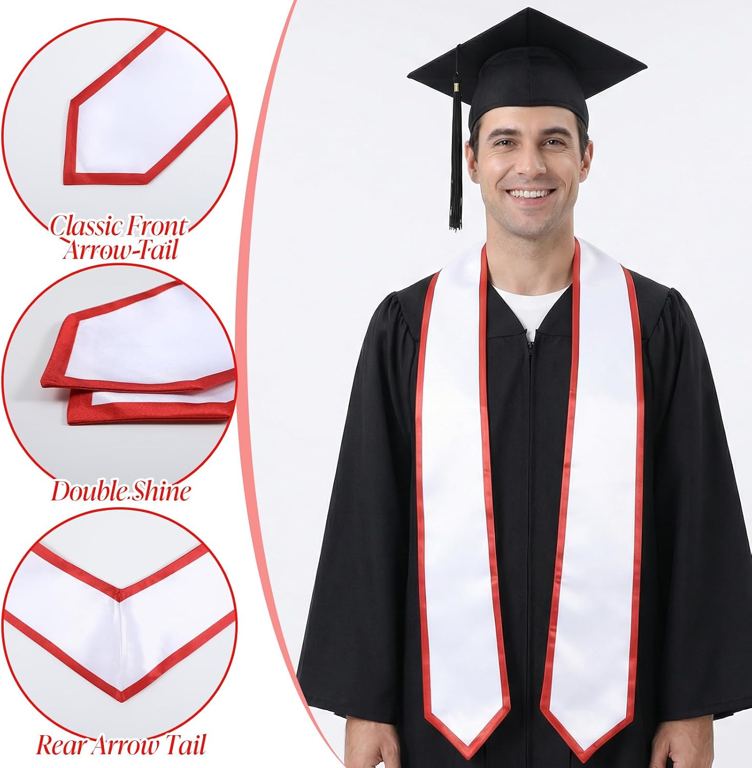 Abeillo 72" Graduation Sash Stole - Unisex White Sash with Gold Trim, Long White Graduation Stole for Uniform