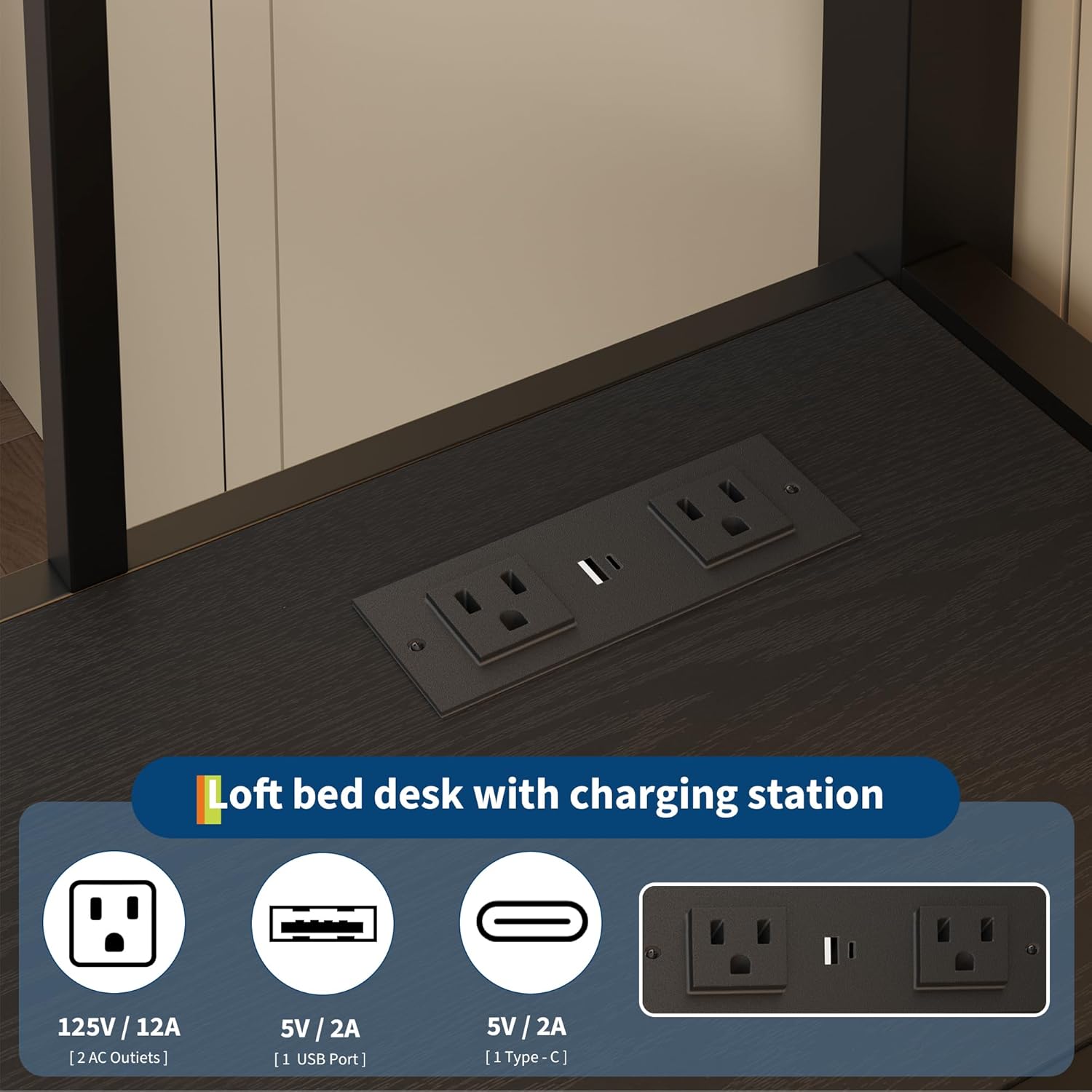 Loft Bed Desk with Charging Station