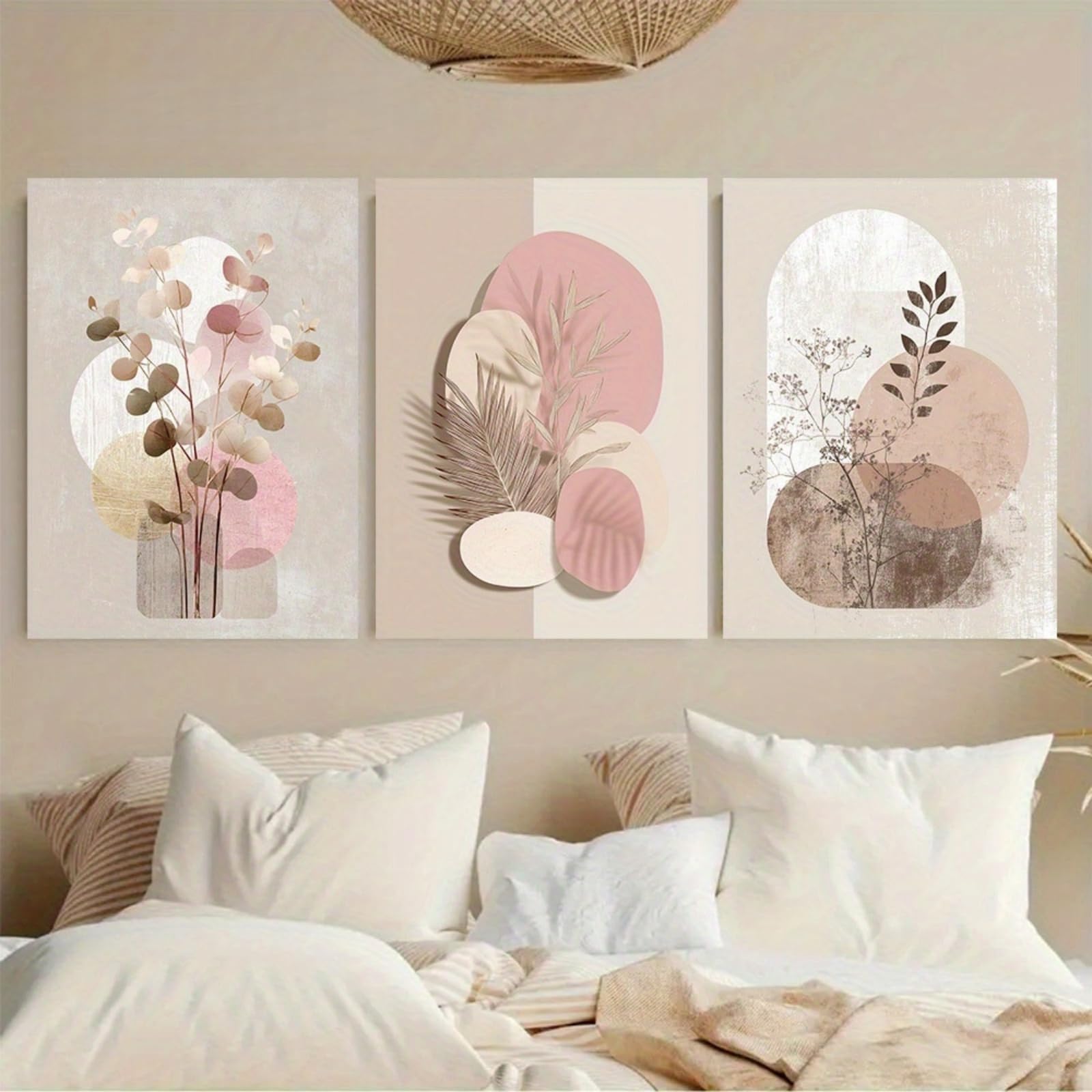 ZBELLO Set of 3 Posters, Pink Bohemian-style Plants, Modern Abstract Geometric Blocks for Living Room and Bedroom Décor, Unframed (30x40cm)