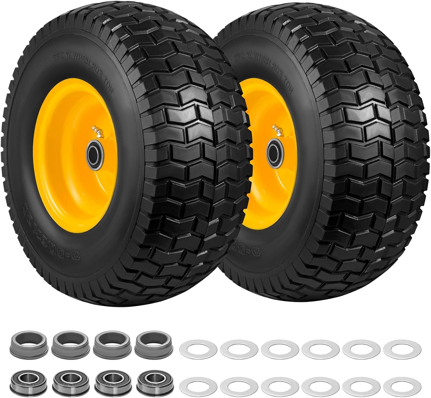 15x6.00-6 Lawn Mower Tire and Wheel Flat Free 2 PCS, with 3/4" Bearings & 5/8" and 1" Bushings, 3" Centered Hub, Compatible with John Deere Riding Mower, Lawn Tractor