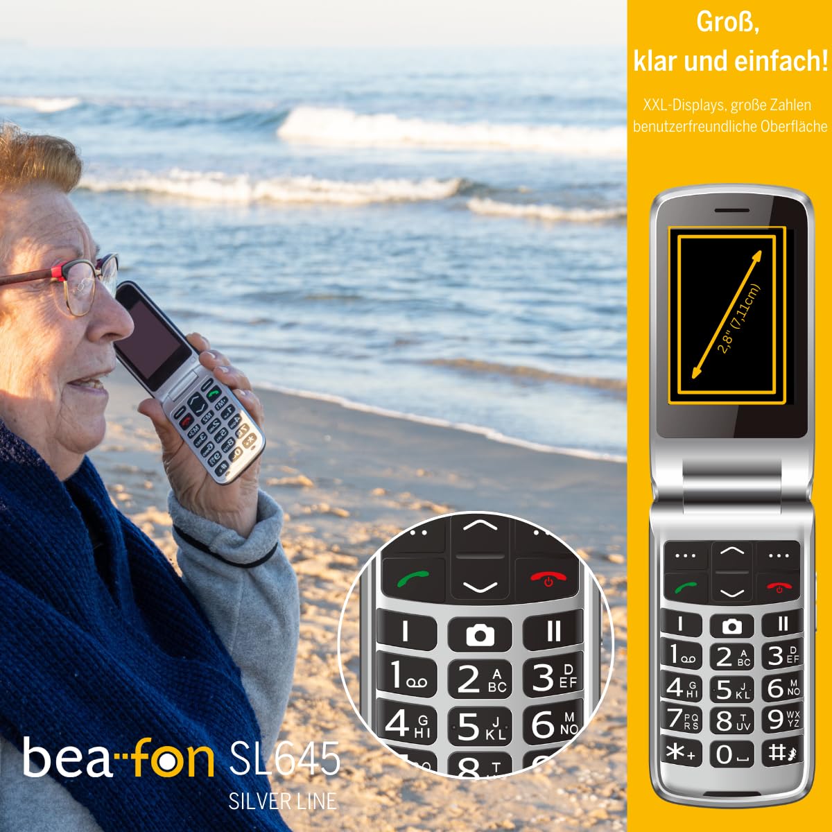 Beafon, SL645, Silverline, Seniorenhandy mit SOS Notruftaste, Klapphandy, XXL Innendisplay 2,8 "Zoll(7,11cm)/ XXL Farbaußendisplay 1,77" Zoll(4,49cm), Kamera 3,0 MP, IP54