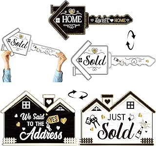 Teenyyou 2 Pcs Extra Large Real Estate Sold Sign for New Homeowners, 26.5" and 24.1", Corrugated Board Double Sided Social Media Photo Props Home Key Shaped Closing Gifts for Buyers agent (Modern)