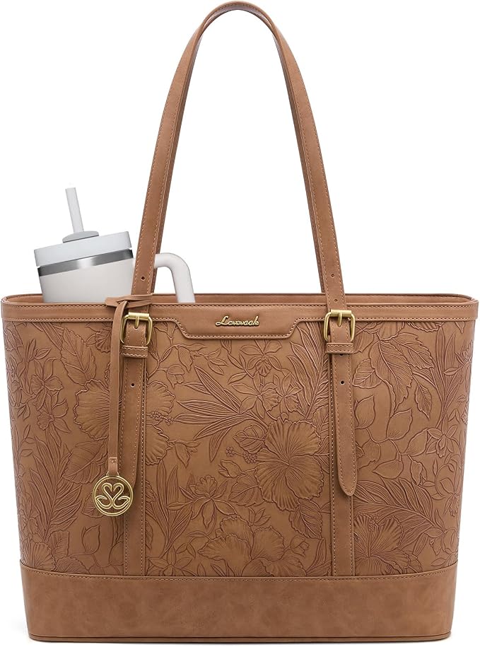 LOVEVOOK Laptop Bag for Women, 17.3 Inch Large Work Tote Bag with 40oz Cup Holder, Waterproof PU Leather Computer Briefcase for Teacher, Professional Business Shoulder Purse Floral Brown