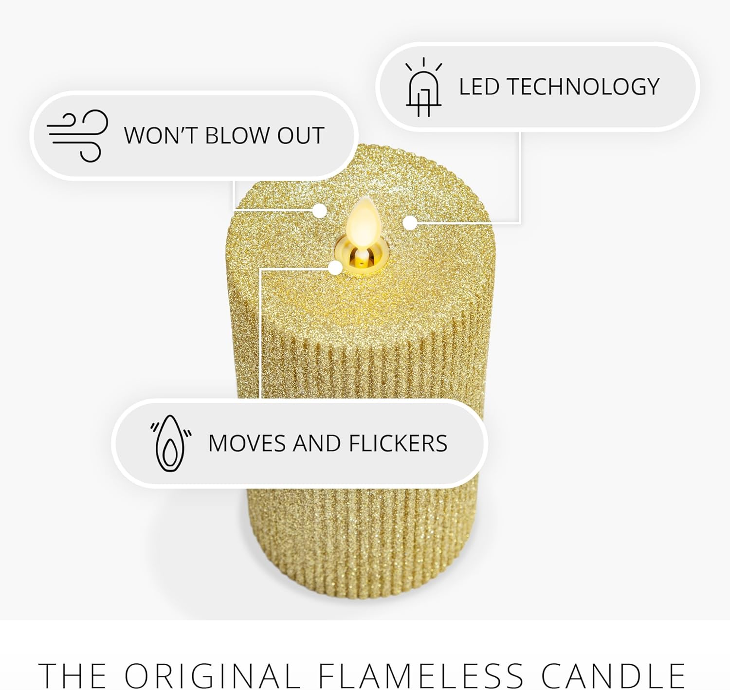 Luminara Rich Gold Glitter Ribbed Flameless LED Candle Moving Flame Pillar, Real Wax, Flat Top, Timer (3.25" x 6.5")