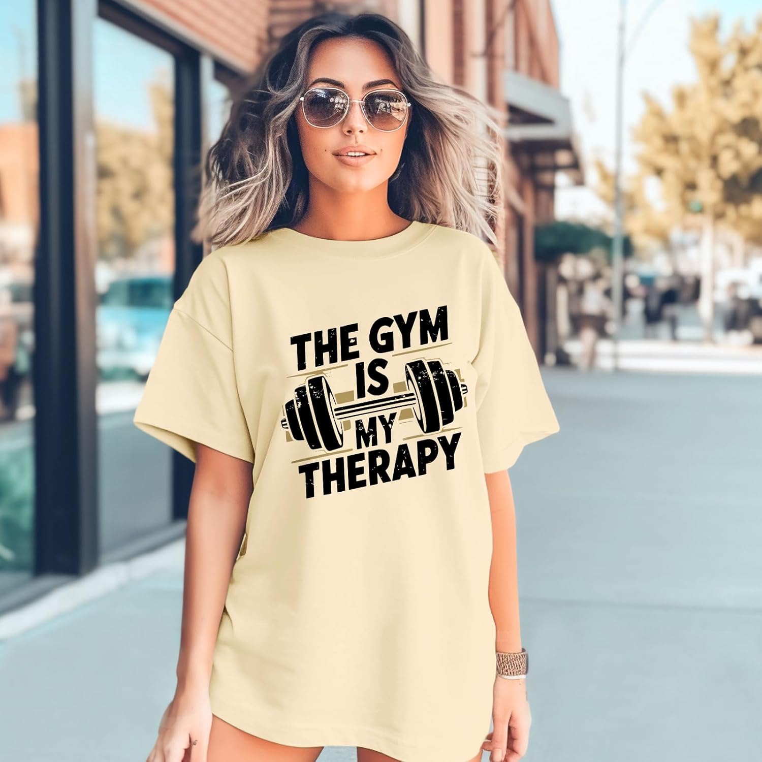 Funny Gym Shirts for Women Workout Weight Lifting Tshirts Weightlifting Graphic Oversized Gym is My Therapy Tee Tops - Image 2
