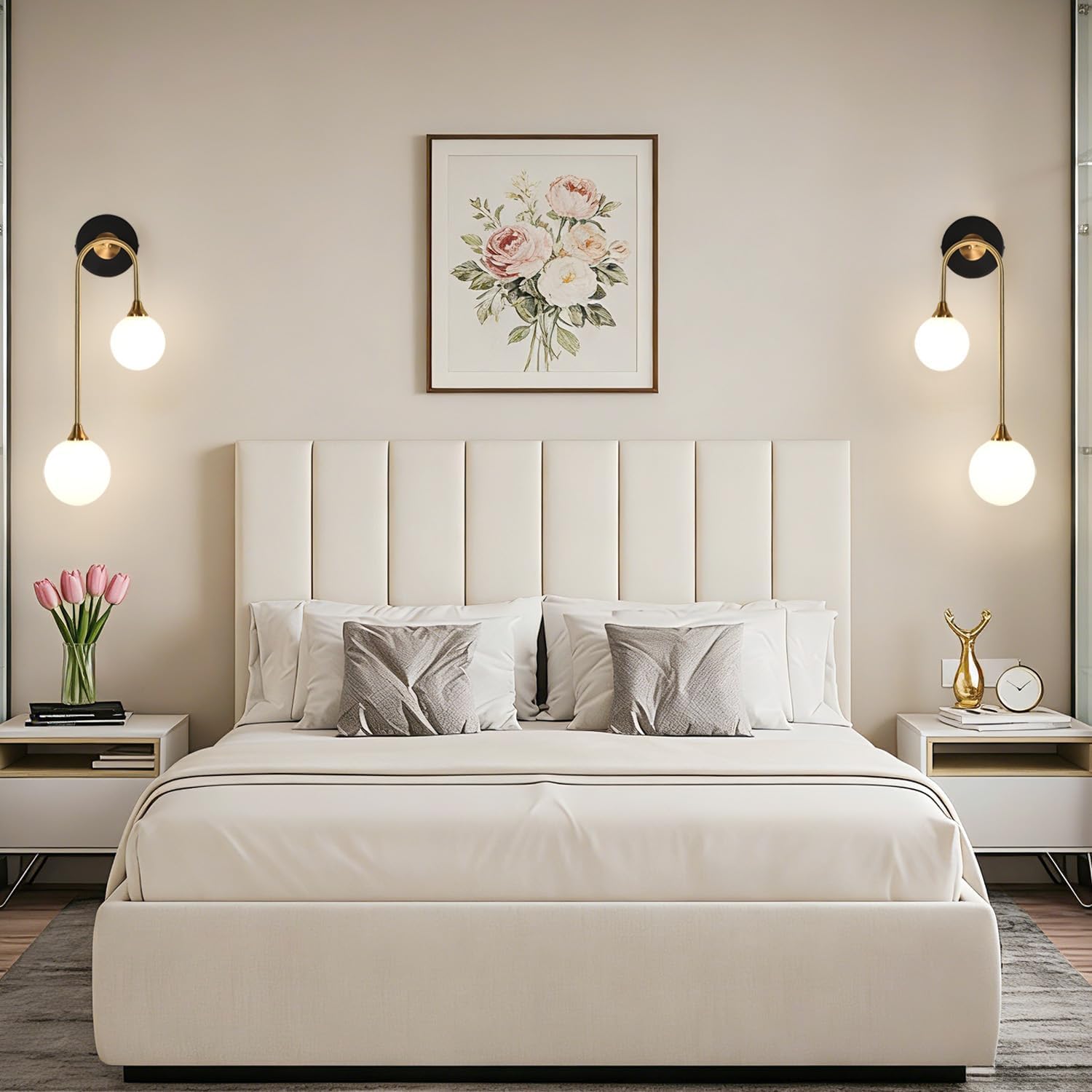 Mid Century Modern Wall Sconce Set of 2 Black and Gold Milk Glass Sconces with Double Ball Hardwired Wall Light for Bedside Bedroom Bathroom Living Room Corridor G9 Base (Bulbs Not Included)