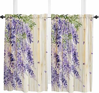 Purple Weeping Leaves Small Window Curtains 45 Inch Length, Farmhouse Pastoral Botanical Wooden Rod Pocket Window Treatment Kitchen Drapes for Bedroom, Cafe, Living Room, 2 Panels, 27.5 W x 45 L
