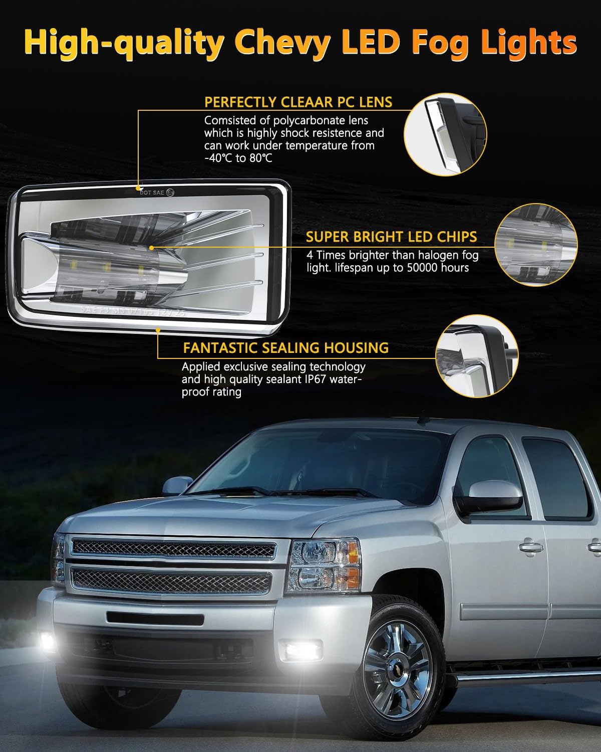 BICYACO Led Fog Lights 5202 w/Bulbs Compatible with Silverado 1500 2500 3500 2008-2014/ Avalanche 2007-2011 / Suburban 2007-2014/ Tahoe 2007-2014/ GMC 07-15 Sierra/Yukon w/Off-Road Package - Chrome