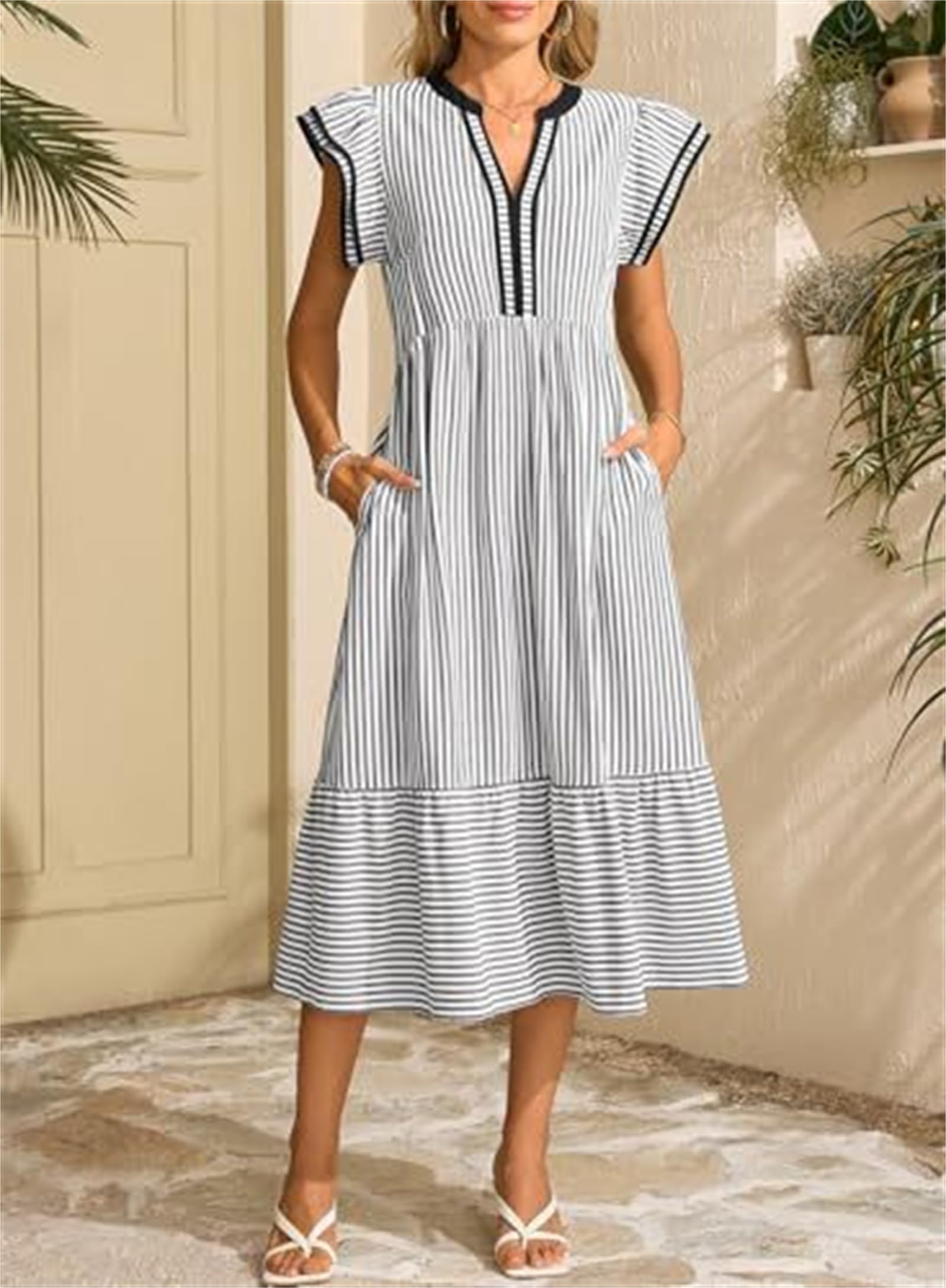 Vestido Midi de Verano para Mujer, Casual, con Escote en V, Estampado de Cuadros Vichy y Mangas Cortas con Volantes, Estilo Bohemio y Falda escalonada, Ideal para Vacaciones en la Playa.