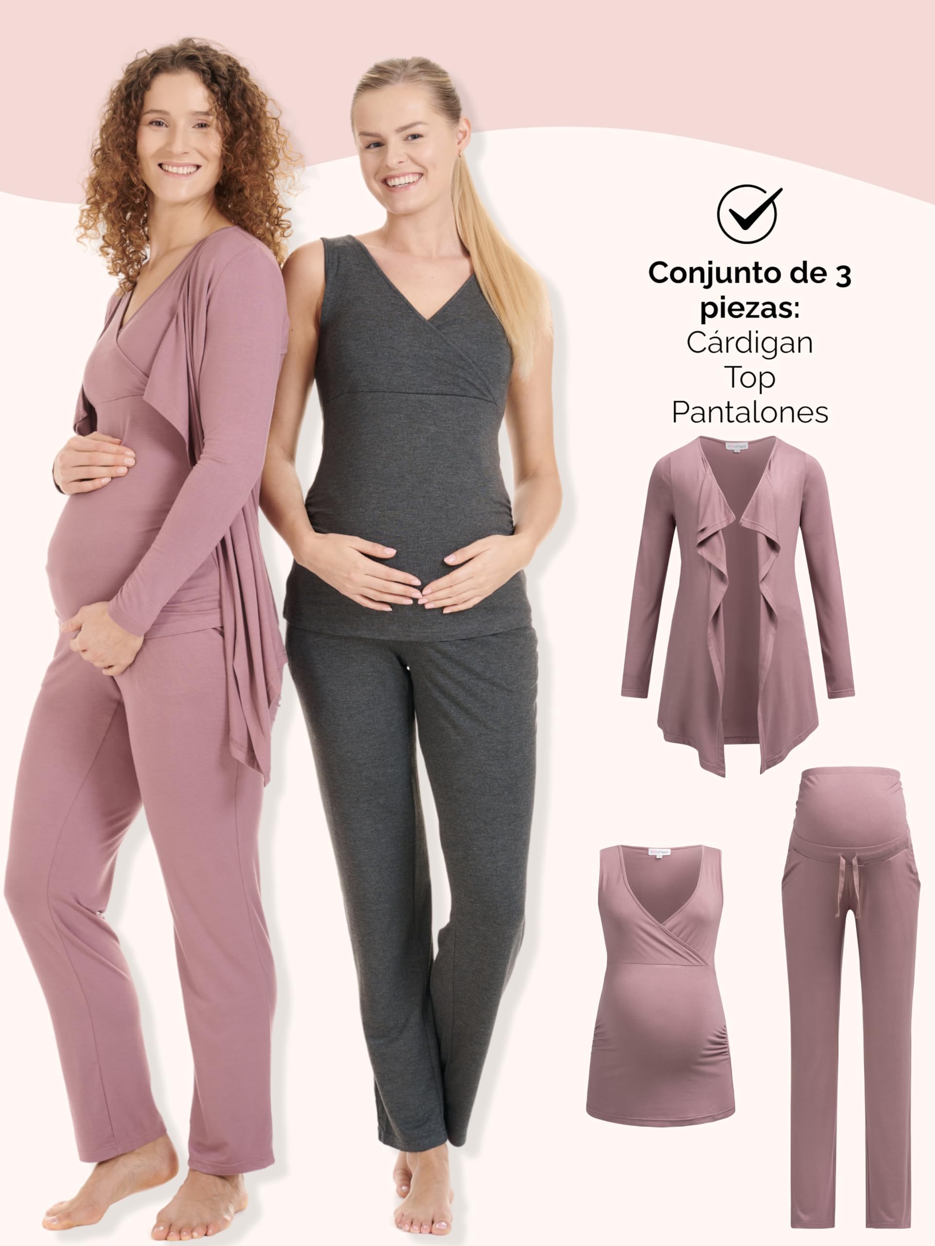 Herzmutter Pijama-Set de Maternidad - Pijama de Lactancia - Conjuntos de Pijamas para futuras Mamas - Lencería - Cárdigan-Pantalones-Top - Azul-Gris-Rosa - 8100