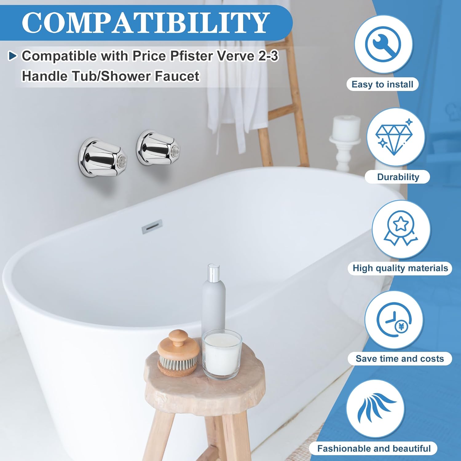 2 Piece Metal Shower Knob Replacement Kit Compatible with Price Pfister Verve Shower Faucet Handle, Bathtub Knobs Include Hot/Cold/Flange Base, Shower Stems for Shower Trim Kit (Polished Chrome)