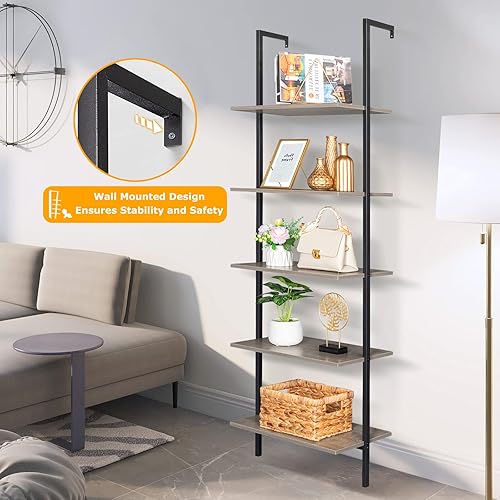 Miniatura 6 de Estantería de escalera de 5 niveles para montar en la pared, estantería de escalera con marco de metal y estante de madera, estantería de