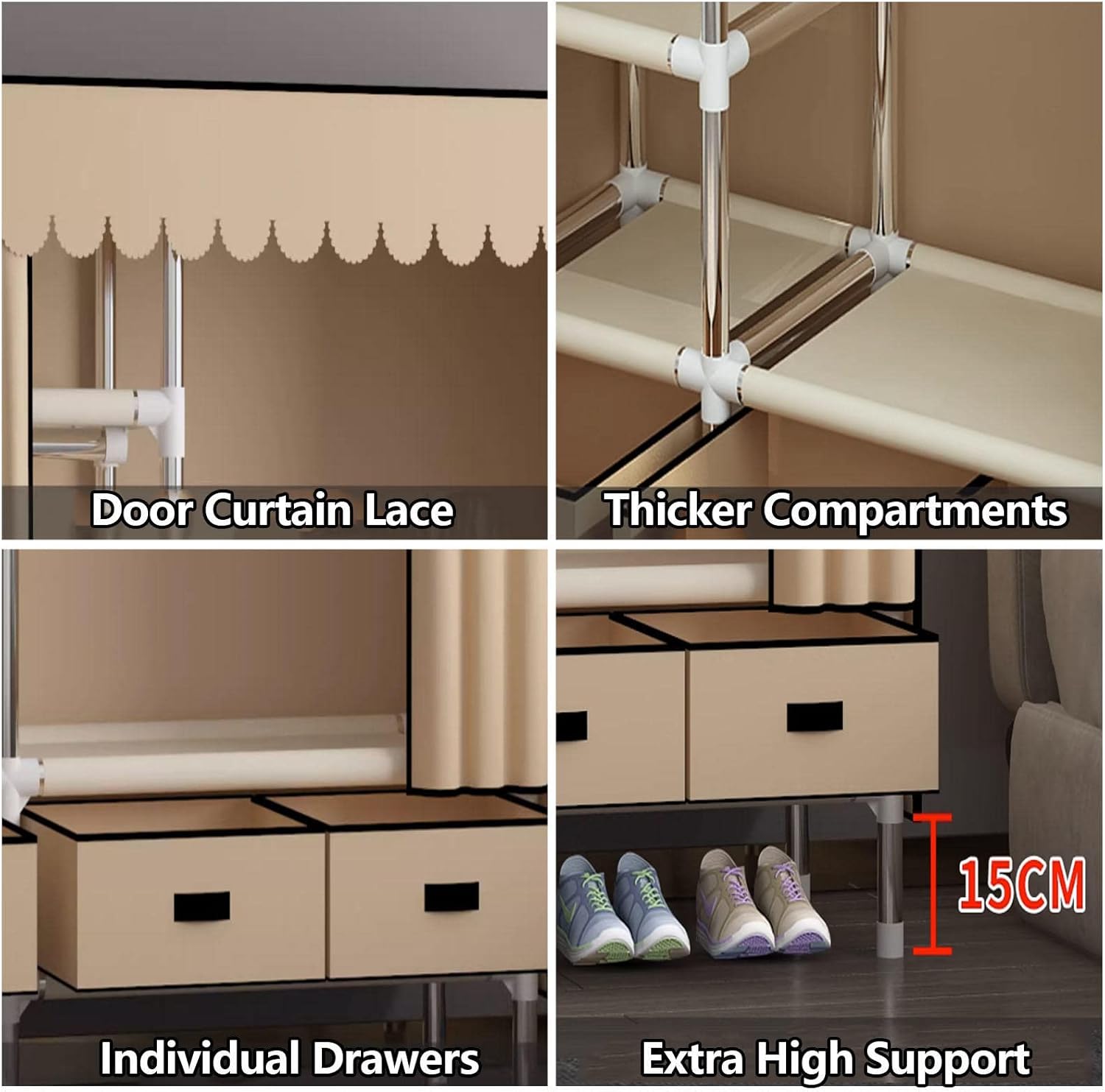 Wardrobe, Canvas Wardrobe, Portable Wardrobe Shelves with Hanging Rail, Clothes Closet Storage Organizer for Clothes, Bags,Grey-125x45x168cm