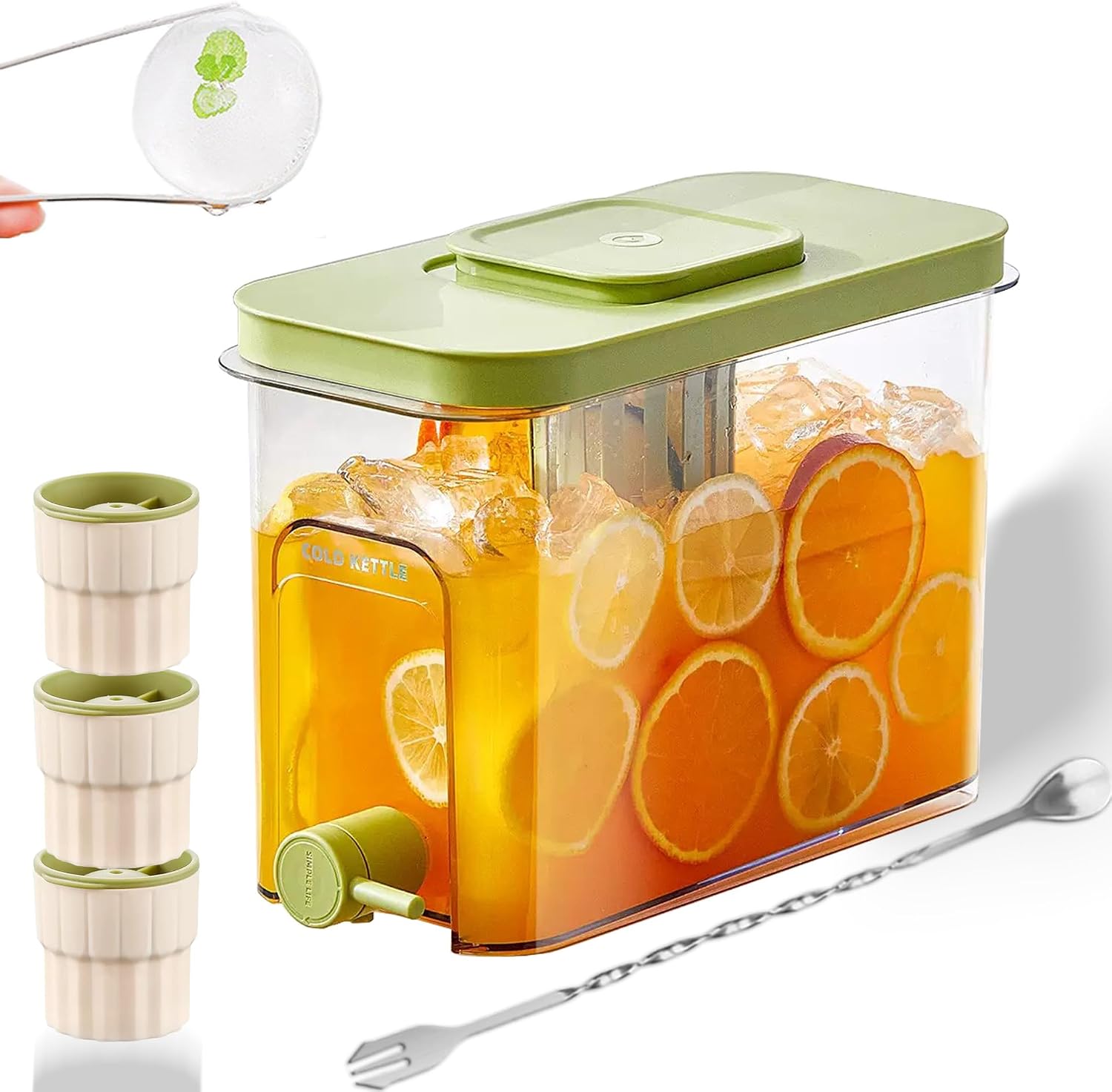 1.1 Gallon Beverage Dispenser with Spigot - BPA-Free Water Jug for Refrigerator, Includes 3 Ice Ball Molds & Bar Spoon - Leak-Proof Drink Container for Party, Iced Tea - White 5-Piece Set
