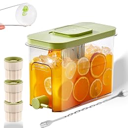 1.1 Gallon Beverage Dispenser with Spigot - BPA-Free Water Jug for Refrigerator, Includes 3 Ice Ball Molds & Bar Spoon - Leak-Proof Drink Container for Party, Iced Tea - Green 5-Piece Set (Green)