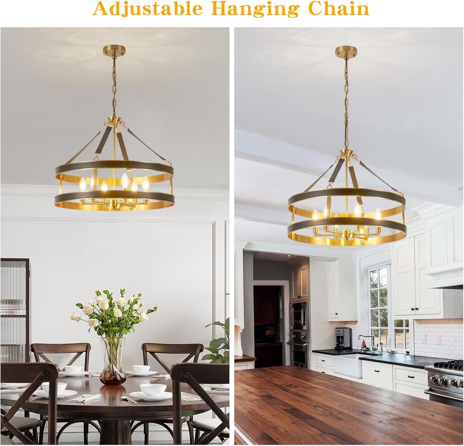 Farmhouse Ceiling Chandelier,24 Inch Antique Bronze Aluminum Black Leather Belt Trim Modern Rustic Hanging Pendant Ceiling Light Fixture for Living Room, Dining Room, Bedroom, Kitchen