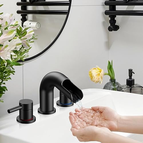 Miniatura 5 de Grifo de baño de cascada negra de 3 agujeros, grifo de baño de 8 pulgadas con drenaje desplegable, grifo de lavabo de baño con boquilla giratoria de