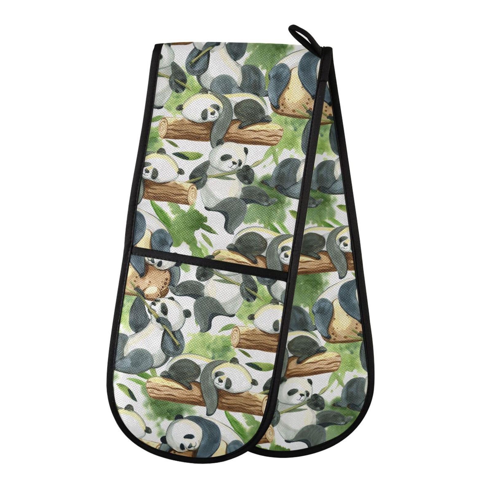 Double Oven Gloves Panda Green Splash Leaves Heat Resistant Pot Holder Oven Mitt Gloves for BBQ Cooking Baking Grilling Microwave